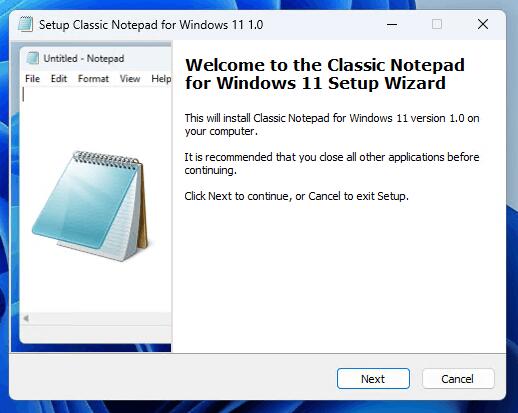 The old classic Notepad installer
