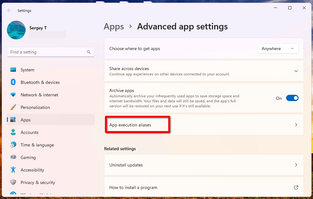 Advanced app options page