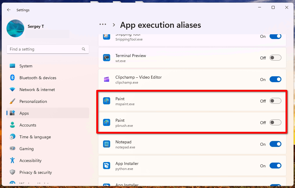 App execution aliases in Settings