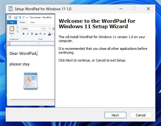 The wordpad installer